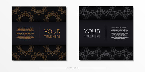 Square postcards in black with luxurious gold ornaments. Vector design of invitation card with vintage patterns. - obrazy, fototapety, plakaty