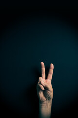 Colour image of hand demonstrating ASL sign language letter V with empty copy space