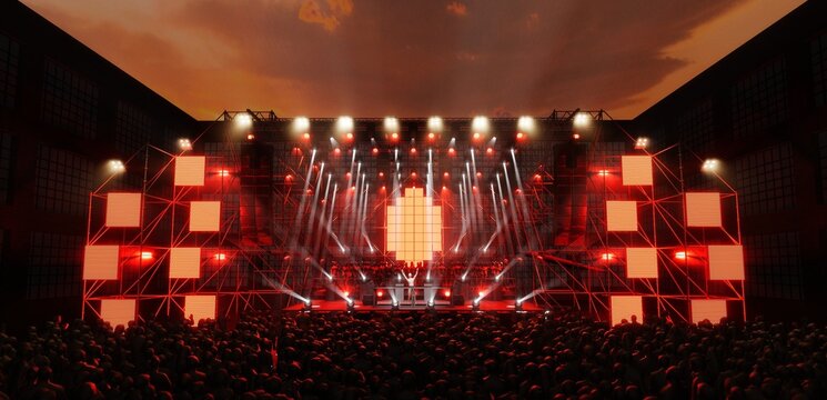 concert event, stage, sound, light, special effects. Festival, concert, stadium, sound portals.