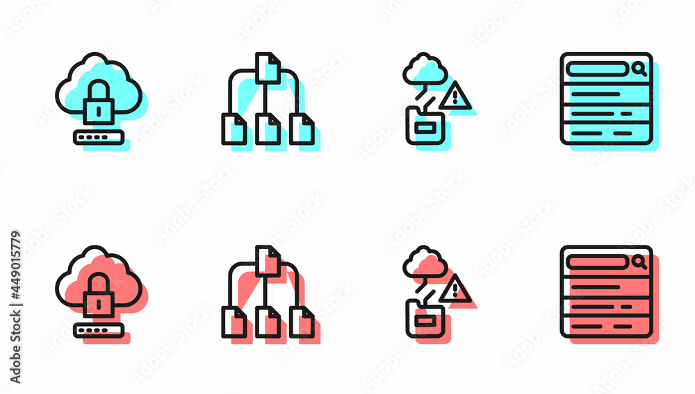 Poster set line cloud technology data transfer, computing lock, folder tree and search engine icon. vector