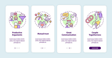 Fototapeta premium Mature relationships signs onboarding mobile app page screen. Mutual trust walkthrough 4 steps graphic instructions with concepts. UI, UX, GUI vector template with linear color illustrations