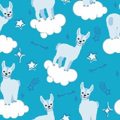 Alpaca llamas pattern on a blue background with clouds and stars. For printing on textiles, souvenirs and posters. Vector illustration.