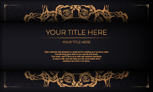 Black background with luxury golden vintage ornaments and place for your design. Template for print design invitation card with vintage ornament.