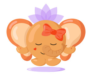 Funny cute kawaii meditating elephant with lotus flower over head and round body in flat design with shadows. Isolated meditation animal vector illustration	