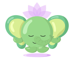 Funny cute kawaii meditating elephant with lotus flower over head and round body in flat design with shadows. Isolated meditation animal vector illustration