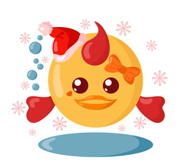 Funny cute kawaii fish with Christmas hat and round body surroundet by snowflakes in flat design with shadows. Isolated animal vector illustration	