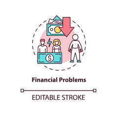 Fototapeta premium Financial problem concept icon. Money management skills and irrational spending patterns. Poor budgeting abstract idea thin line illustration. Vector isolated outline color drawing. Editable stroke