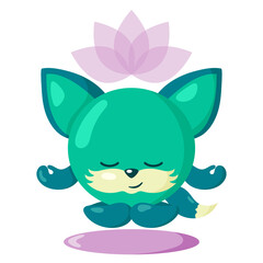 Funny cute kawaii meditating fox with lotus flower over head and round body in flat design with shadows. Isolated meditation animal vector illustration	