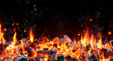 Charcoal For Barbecue Background With Flames  - obrazy, fototapety, plakaty