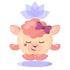 Funny cute kawaii meditating lamb with lotus flower over head and round body in flat design with shadows. Isolated meditation animal vector illustration	