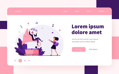 Guy listening to music at retro gramophone. Girl playing guitar and singing flat vector illustration. Entertainment, performing, leisure concept for banner, website design or landing web page