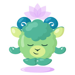  Funny cute kawaii meditating lamb with lotus flower over head and round body in flat design with shadows. Isolated meditation animal vector illustration
