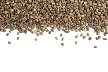 Hemp seeds on white background, top view