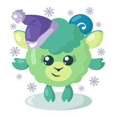 Funny cute kawaii lamb with Christmas hat and round body surroundet by snowflakes in flat design with shadows. Isolated animal vector illustration	