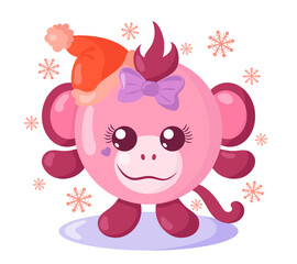 Funny cute kawaii monkey with Christmas hat and round body surroundet by snowflakes in flat design with shadows. Isolated animal vector illustration