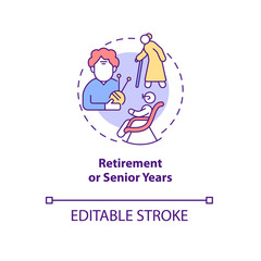 Retirement of senior years concept icon. Social safety. Older adult hobbies. Pension age abstract idea thin line illustration. Vector isolated outline color drawing. Editable stroke