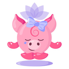 Funny cute kawaii meditating pig with lotus flower over head and round body in flat design with shadows. Isolated meditation animal vector illustration
