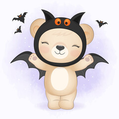 Cute little Bear wearing halloween costume and holding broom. Halloween illustration