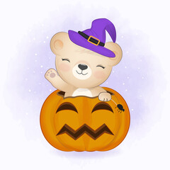 Cute bear with pumpkin and drawn cartoon animal Halloween illustration