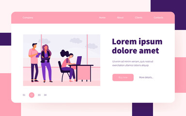 People standing in line to use laptop computer. Window, desk, job flat vector illustration. Communication and digital technology concept for banner, website design or landing web page