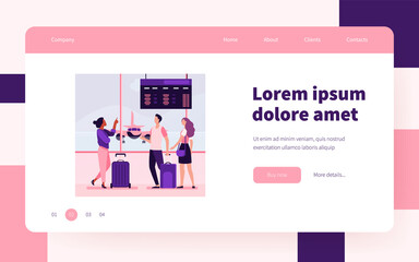 Young people waiting in airport for plane. Flight, airplane, baggage flat vector illustration. Travel, trip and vacation concept for banner, website design or landing web page