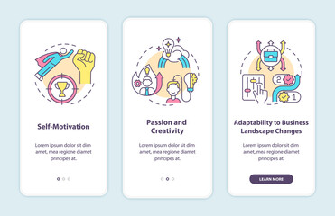 Obraz na płótnie Canvas Startup launch requirements onboarding mobile app page screen. Business walkthrough 3 steps graphic instructions with concepts. UI, UX, GUI vector template with linear color illustrations