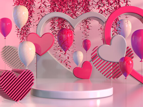 3d Rendering Background. Pink Stage Podium With Balloon On Pink Curtain Background. Image For Presentation. Premium Photo