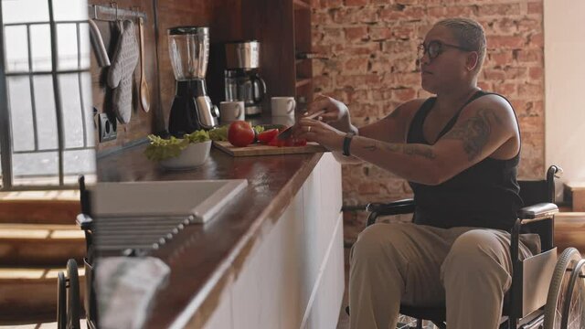 Medium long of Mixed-Race woman in wheelchair cutting vegetables, cooking dinner in kitchen at daytime