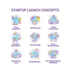 Startup launch concept icons set. Fierce competition. Self motivation. Make business plan. Entrepreneurship idea thin line color illustrations. Vector isolated outline drawings. Editable stroke