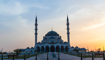 Sharjah, UAE - 07.31.2021 - Sharjah mosque at evening hour. Religion