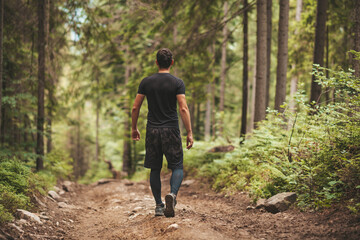 Trekking along the trail in the forest. Sports man in training. Challenge yourself.