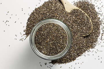 top view of a chia seeds on white background