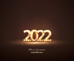 New Year golden numbers with lamp light. Retro design for poster or banner.