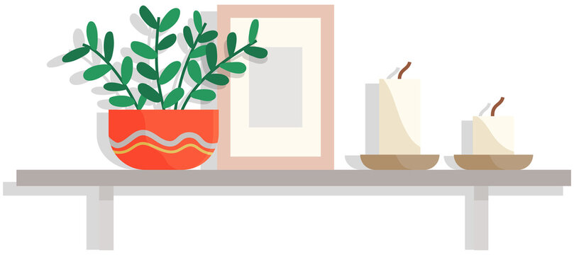 Home plant in pot, photo frame and decorative candles standing on wall shelf. Ornamental elements for interior design with various accessories flat vector illustration. Furniture and decoration