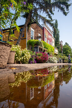 Okotoks, Alberta - August 3, 2021: facades of beautiful buildings at the Saskaton Farm south of Calgary, Alberta.