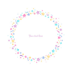 Hand drawn round watercolor frame for your design. Cute festive  frame with watercolor elements on white background. Pink, blur, violet stars. Cute festive card.