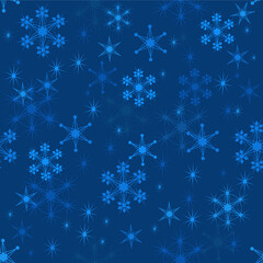 Seamless pattern of beautiful creative snowflakes on a blue background. New Year's holiday theme. Repeatable vector design for winter decor, print, wallpaper,  decorations, packaging, textiles, covers