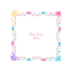 Nice square watercolor frame for your design. Beautiful festive frame with hand drawn stars, garlands, glitter, confetti watercolor  red, green, yellow elements on white background.