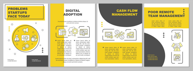 Startup problems yellow brochure template. Digital adoption. Flyer, booklet, leaflet print, cover design with linear icons. Vector layouts for presentation, annual reports, advertisement pages