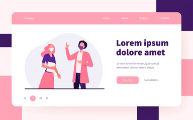 Fototapeta premium Man and woman talking and wearing masks. Protection, face, distance flat vector illustration. Pandemic and virus concept for banner, website design or landing web page
