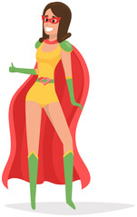 Superwoman smiling, waving hand and has superpowers. Cartoon character in superhero costume with cloak, mask and emblem stands on white background. Strong person protects people from villains