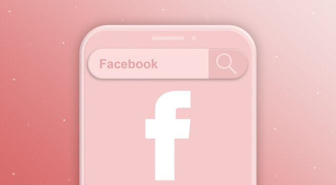 Phone with search bar, request and logo of the social network facebook 3d