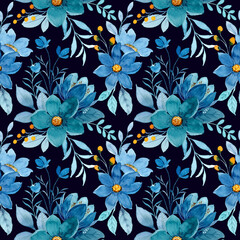 Blue floral watercolor seamless pattern on dark background