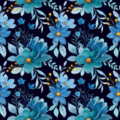 Tapeten Dunkelblau Nahtloses Muster des blauen Blumenaquarells auf dunklem Hintergrund
