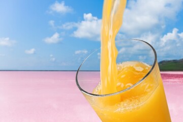 Orange juice pouring in glass on background