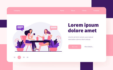 Female friends meeting over cup of coffee. Women drinking tea and chatting flat vector illustration. Communication, friendship concept for banner, website design or landing web page