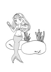 Cute line art mermaid colouring page for happy kids do activity.