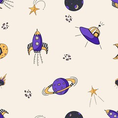 seamless pattern of space, rockets, planets,stars for bed linen, diapers, children's clothing, wallpaper, notebooks