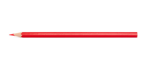Obraz premium Close-up of red wooden pencil, pointed tip, isolated on white background.