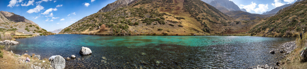 Fototapeta na wymiar panorama of the lower lake in Sairam-su